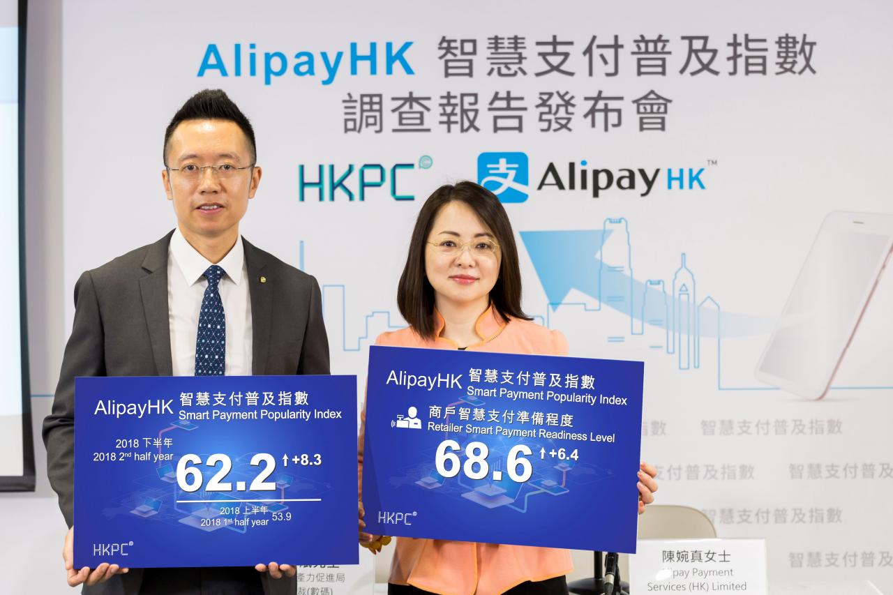 香港生產力促進局副總裁（數碼）黎少斌先生(左)與Alipay Payment Services (HK) Limited行政總裁陳婉真