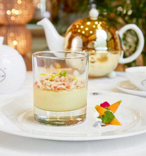 Baked parmesan mousse topped with crab meat salsa and White Christmas Tea infused glaze Baked parmesan mousse topped with crab meat salsa and White Christmas Tea infused glaze