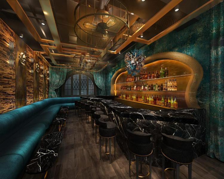 Gishiki Lounge 在酒吧中央設置神秘的雕塑吊飾,象徵衝出般若肉身蛻變成強大的女性形象。 Gishiki Lounge 在酒吧中央設置神秘的雕塑吊飾,象徵衝出般若肉身蛻變成強大的女性形象。